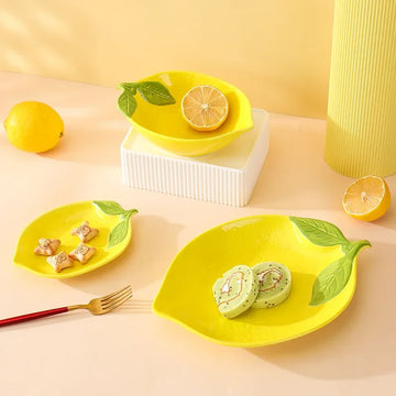 Lemon-Shaped Ceramic Serving Bowl & Snack Plate
