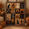 Full Halloween blanket design displayed upright beside pumpkins and a lantern