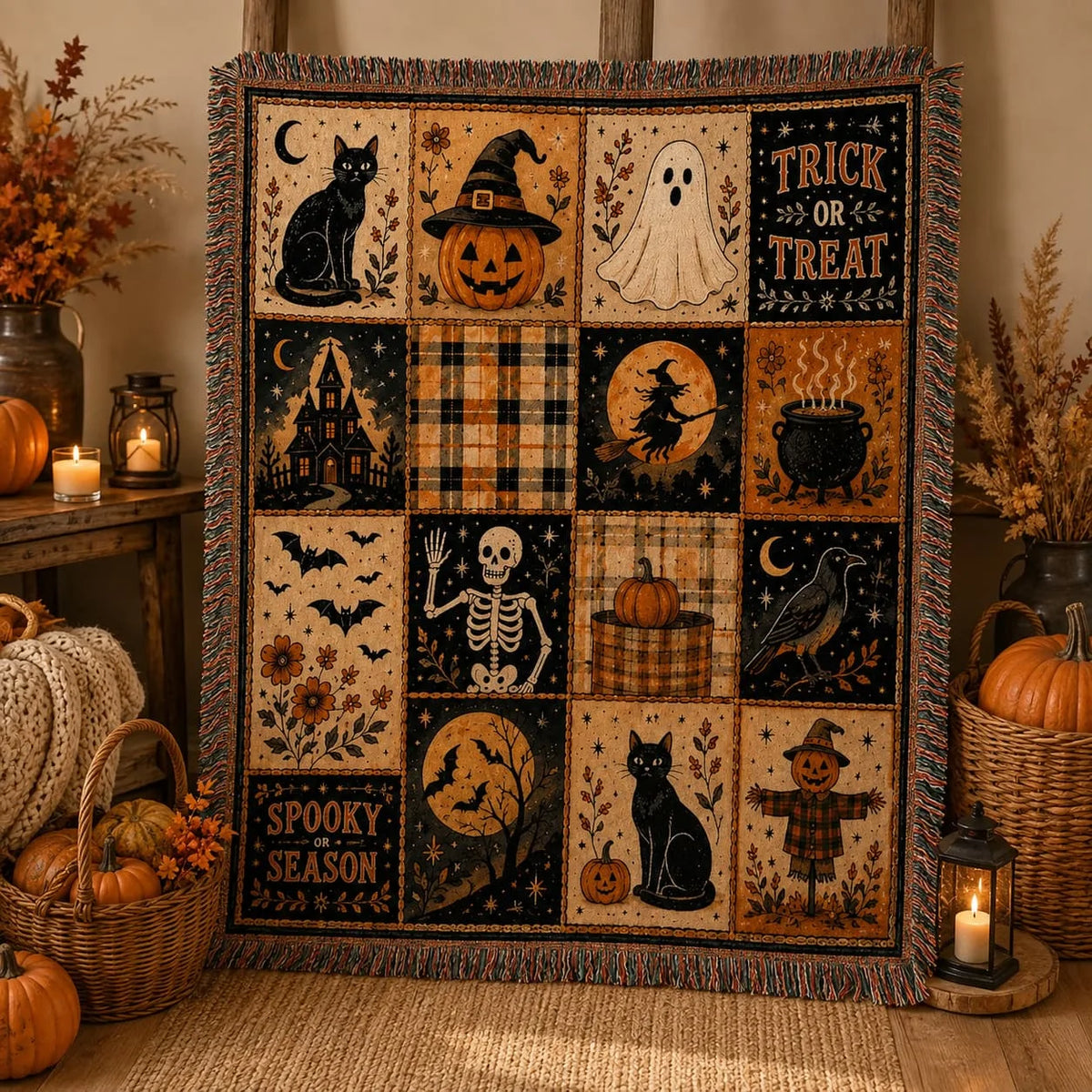 Full Halloween blanket design displayed upright beside pumpkins and a lantern