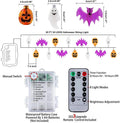 Halloween string light diagram showing decorative shapes, battery pack, and remote
