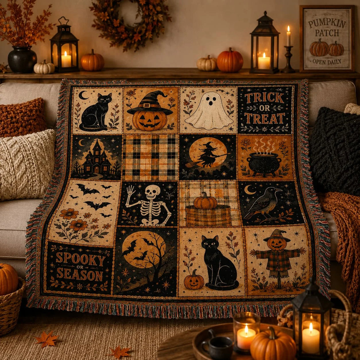 Halloween print throw draped over a sofa beneath seasonal mantel decor
