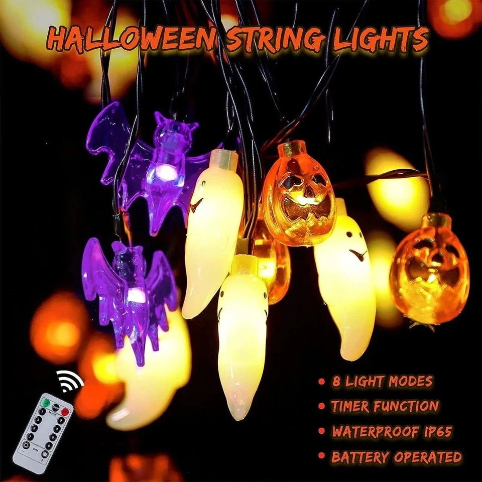 Halloween string light close-up with remote and feature callouts