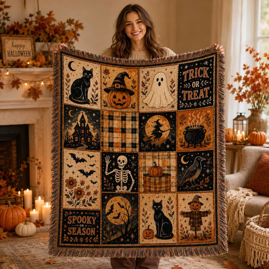 Halloween print throw blanket held open to show black cats, pumpkins, ghosts, and plaid panels
