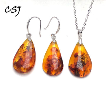 925 Sterling Silver Amber Jewelry Set for Women — Elegant Drop Gemstone Necklace & Earrings