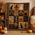 Halloween patchwork-style print blanket shown with autumn room accents
