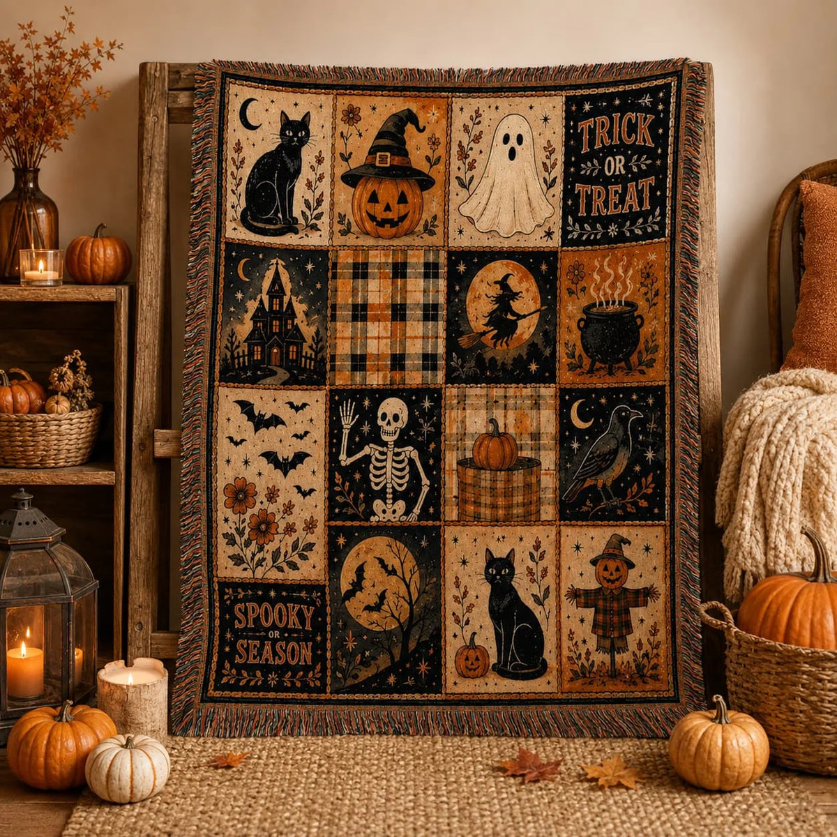 Halloween patchwork-style print blanket shown with autumn room accents