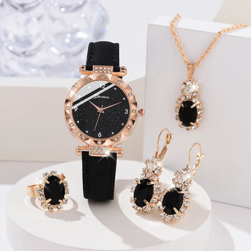 5-Piece Women’s Watch Set — Luxury Rhinestone Quartz Wristwatch with Matching Bracelet Set