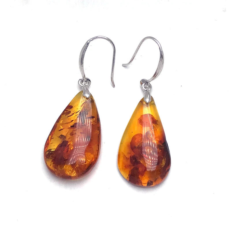 925 Sterling Silver Amber Jewelry Set for Women — Elegant Drop Gemstone Necklace & Earrings