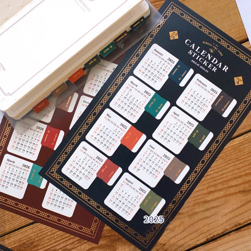 2026 Calendar Stickers (2 Sheets) Vintage Gold Foil Planner & Notebook Index Stickers