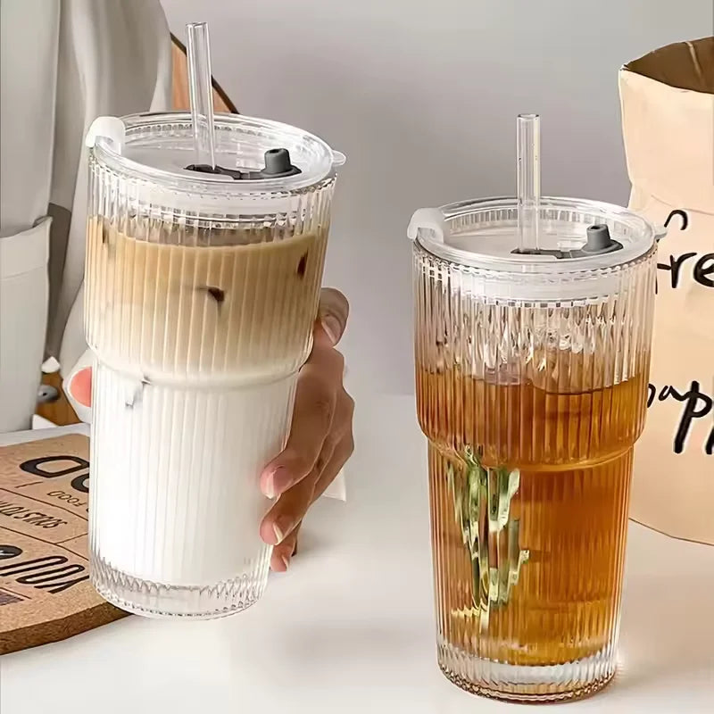Ribbed Glass Tumbler with Bamboo Lid & Glass Straw