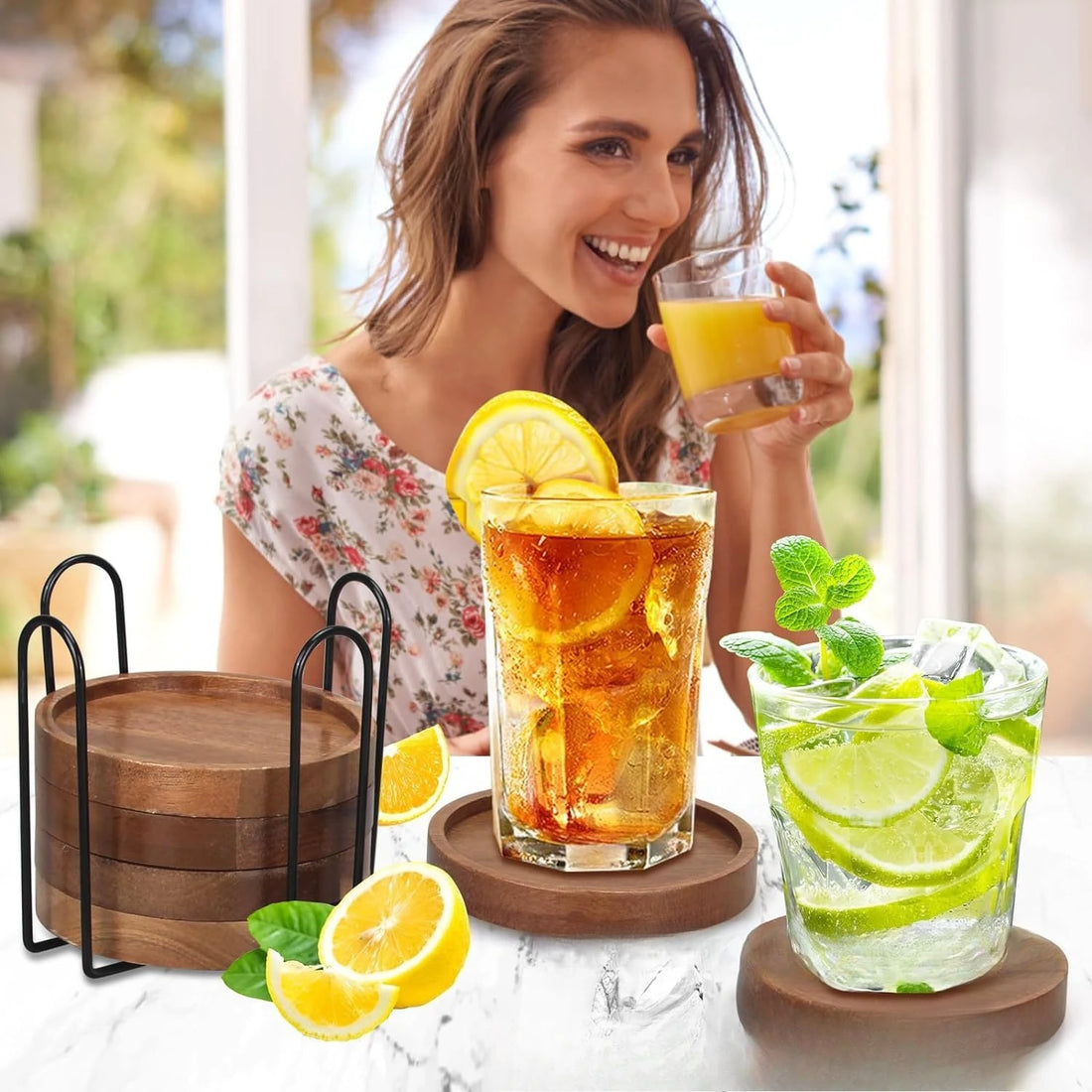 Wood Drink Coasters with Holder