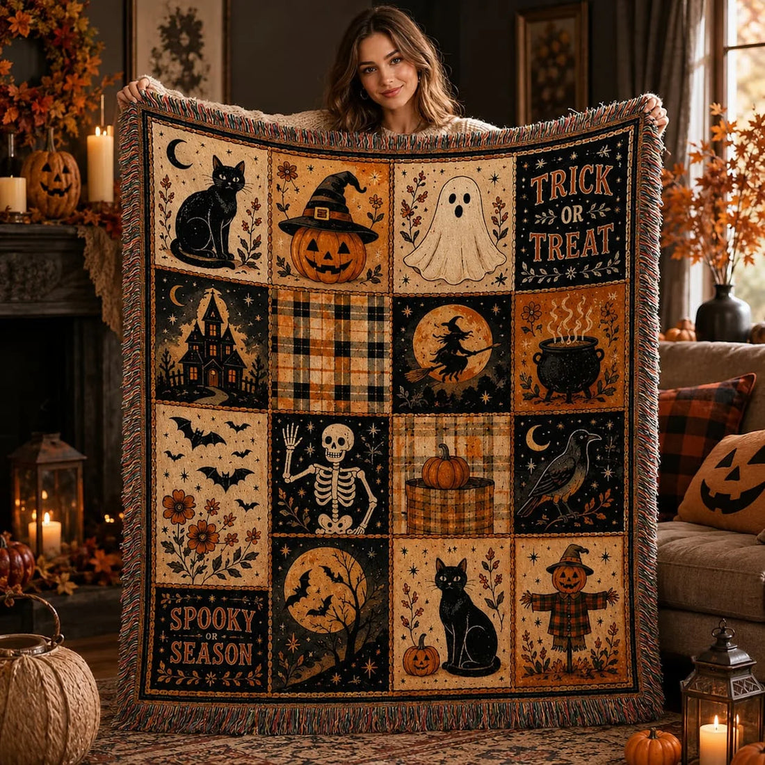 Halloween print throw blanket held open to show black cats, pumpkins, ghosts, and plaid panels