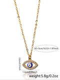 Evil eye necklace size guide showing a 42 cm chain, 5 cm extender, and 1.4 by 0.8 cm pendant