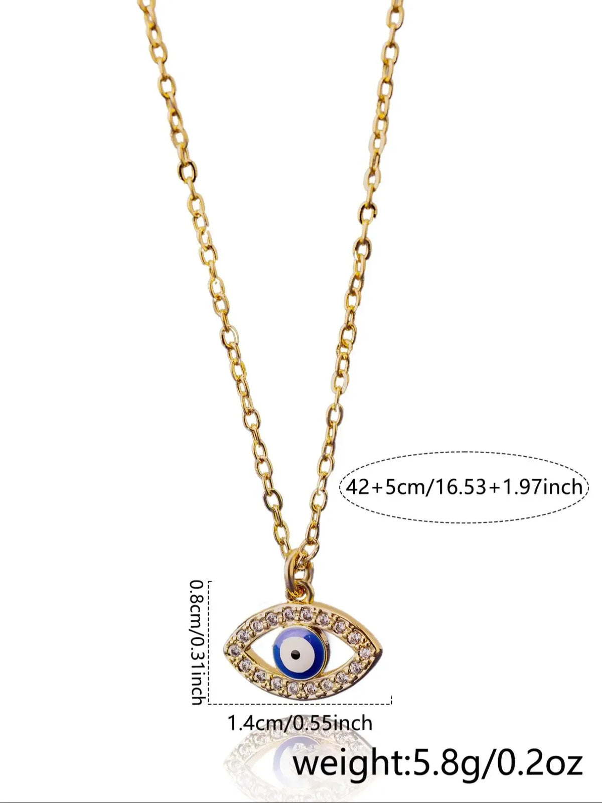 Evil eye necklace size guide showing a 42 cm chain, 5 cm extender, and 1.4 by 0.8 cm pendant