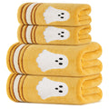 Four yellow Halloween towels with white ghost motifs and striped borders