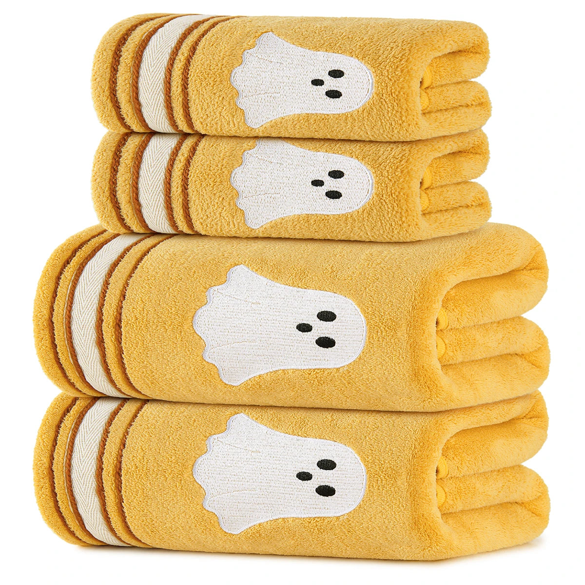 Four yellow Halloween towels with white ghost motifs and striped borders