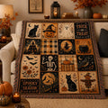 Black cat, pumpkin, and ghost blanket styled across an armchair