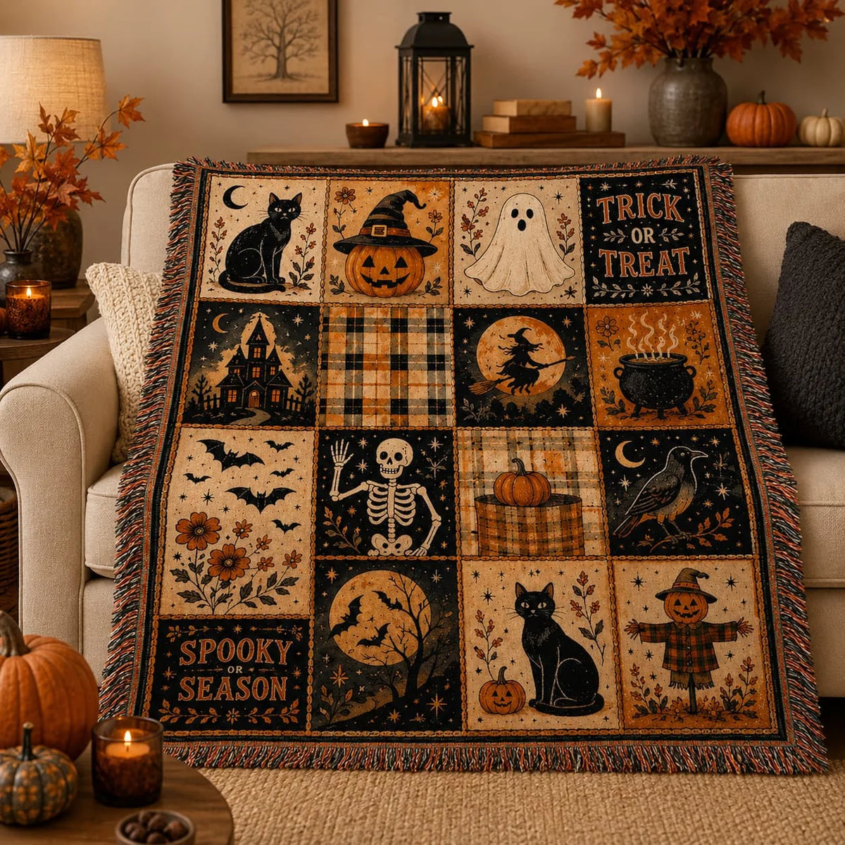 Black cat, pumpkin, and ghost blanket styled across an armchair