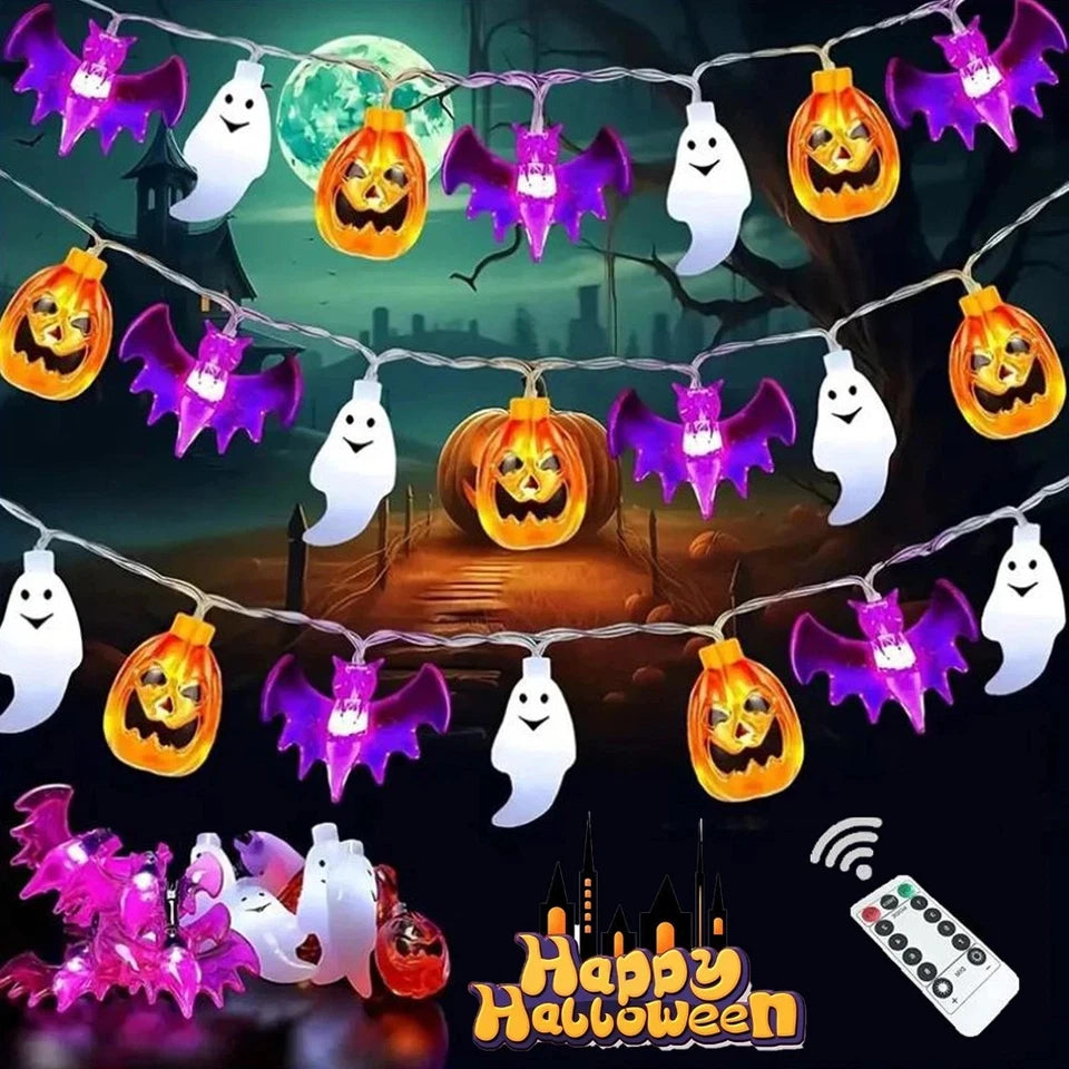 Orange pumpkin, purple bat, and white ghost string lights with remote
