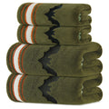 Four green Halloween towels with black bat motifs and striped borders