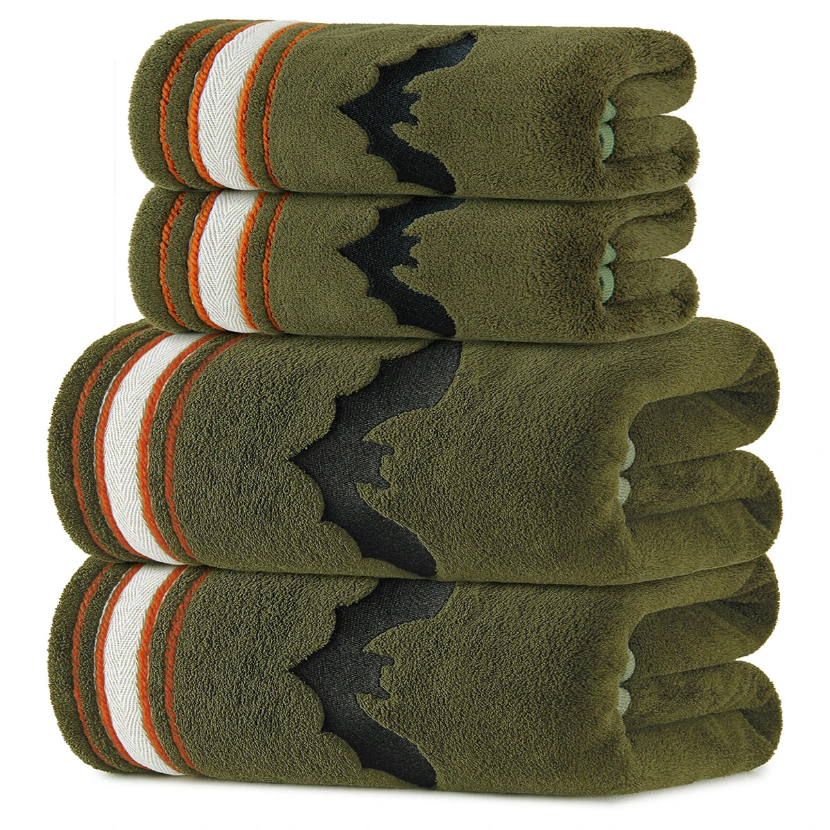 Four green Halloween towels with black bat motifs and striped borders