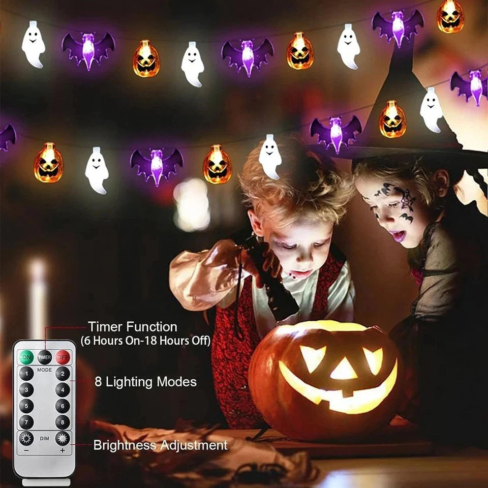 Halloween lights above a pumpkin display with remote-control feature callouts