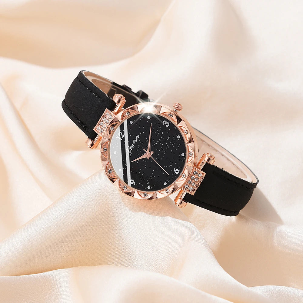 5-Piece Women’s Watch Set — Luxury Rhinestone Quartz Wristwatch with Matching Bracelet Set