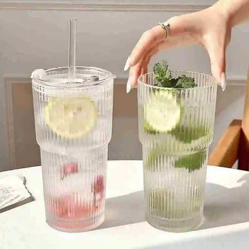 Ribbed Glass Tumbler with Bamboo Lid & Glass Straw