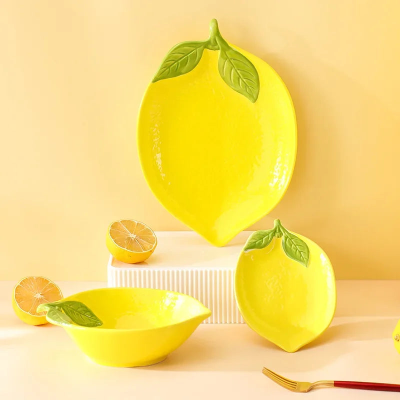 Lemon-Shaped Ceramic Serving Bowl & Snack Plate