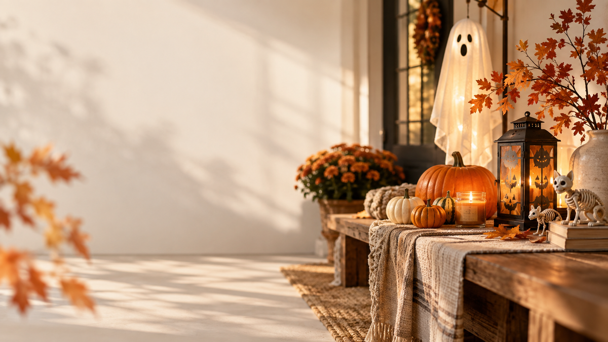 Warm October vignette with pumpkins, lantern, candles, ghost decor, and autumn foliagehero_slide