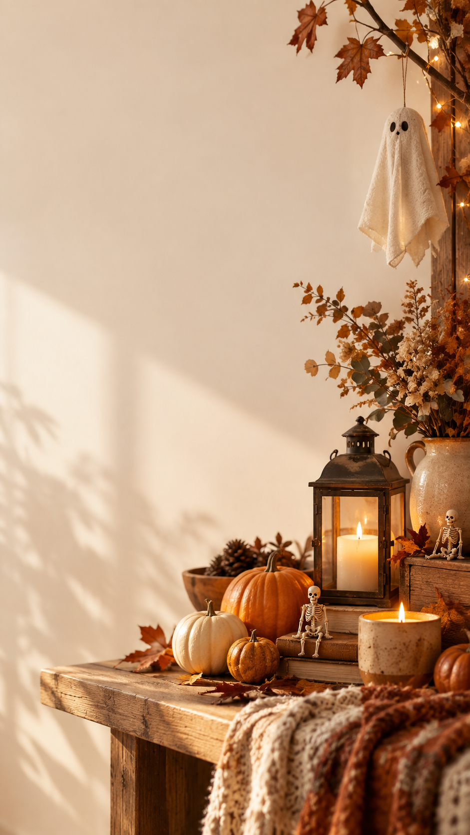 Warm October vignette with pumpkins, lantern, candles, ghost decor, and autumn foliagehero_slide